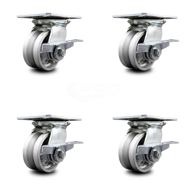 4 Inch Heavy Duty V Groove Semi Steel Caster Set with Ball Bearings and Brakes